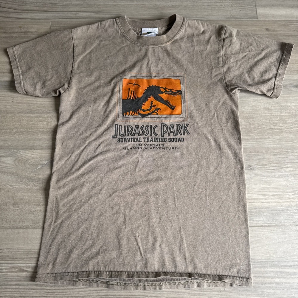 Vintage 90's Jurassic Park Survival Training Squad Beige Brown Shirt Size Small